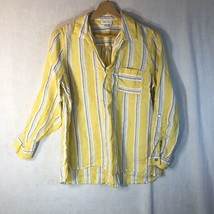 J. Jill Size S Petite Yellow w Blue White Stripes Split Neck Shirt Love Linen - $24.74