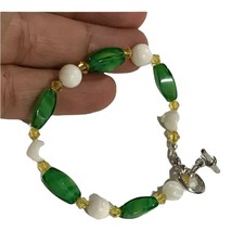 Handmade Milky &amp; Green Glass Art Beads Bracelet with Toggle Clasp 7.25” Long - £10.21 GBP