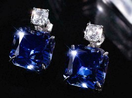 3.80Ct Asscher Cut Blue Sapphire Women&#39;s Gift Stud Earring 14K White Gold Finish - £87.81 GBP