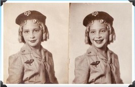 1950s Girl Scout Portrait Age 8 Smiling Blond Curls Sepia Finish  - £14.66 GBP