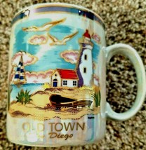 10 oz. Old Town San Diego CA Mug Cup Iridescent Majolica Beach Lighthouse Scene  - £13.95 GBP