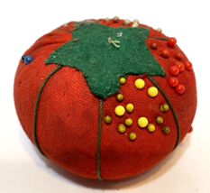 Vintage Small Tomato Pin Cushions with Vintage Pins Red Green 2 x 1.5 in - $12.60