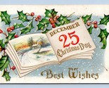 Open Book Christmas Day Cabin Scene Holly UNP Unused DB Postcard D17 - $6.88