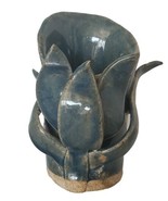 Vintage Hand Made Studio Art Stoneware Pottery Bud Vase Blue Leaf 5" Signed MCM 