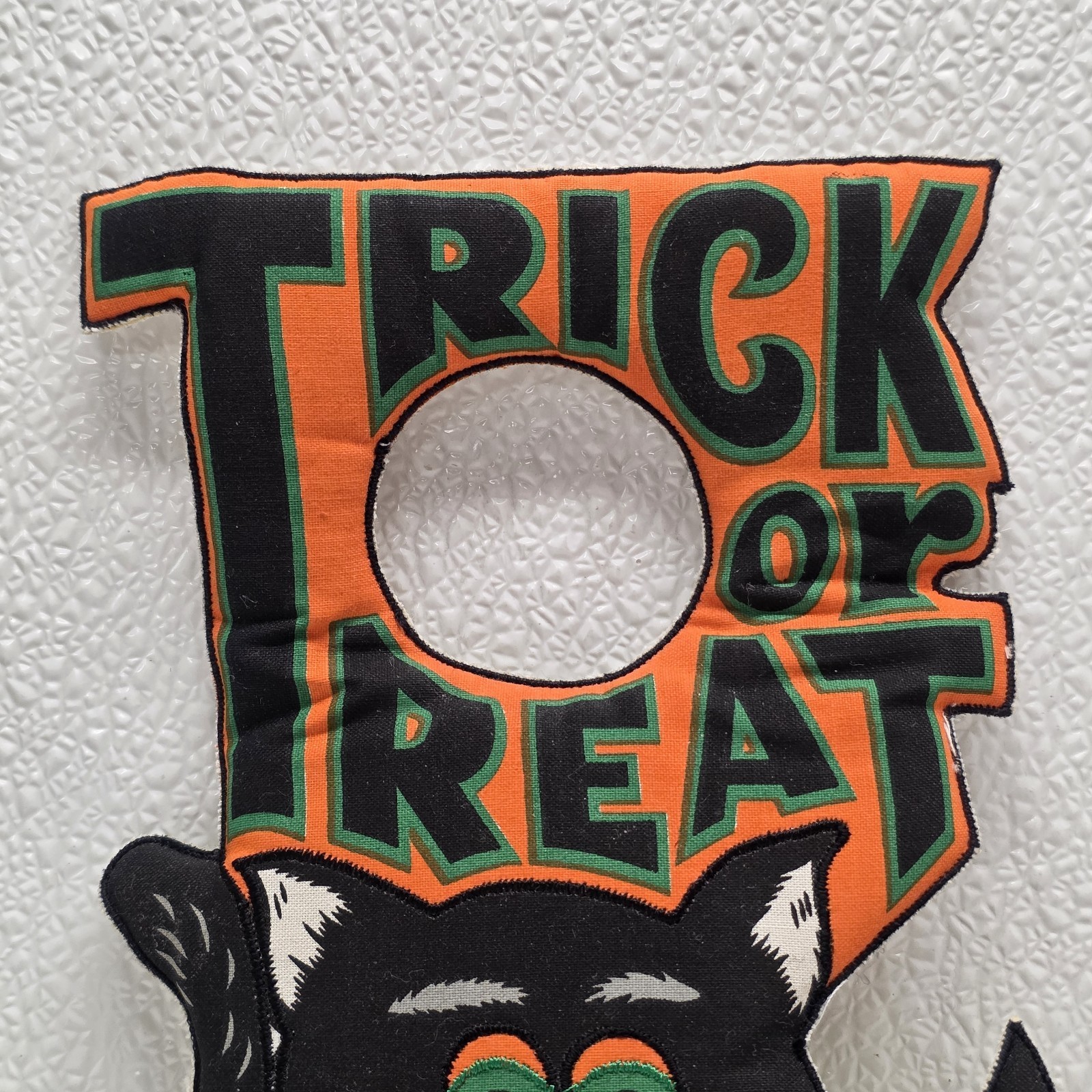 Vintage Halloween Black Cat And Pumpkin TRICK OR TREAT Fabric Door Knob Hanger Item image 3