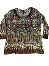 RQT Blouse Women’s Large Brown Southwestern Style 3/4 Sleeve Top Pullover - £6.26 GBP
