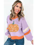 Orchid Bouquet Halloween Floral Pumpkin Color Block V Neck Sweatshirt - $28.88 CAD