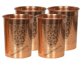 Pure Copper Water Drinking Glass Full Embossed Tumbler Health Benefits Set Of 4 - £20.72 GBP