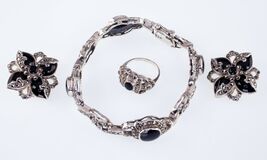 Schöne Sterling Silber Onyx Und Hematit Schmuck Set Armband,Ohrringe,Ring - $879.97