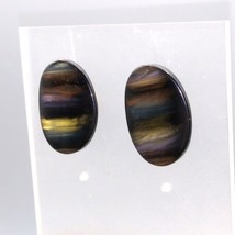 Lucite Earrings, Black Studs with Shimmering Muted Rainbow Sheen in Striped - £28.45 GBP