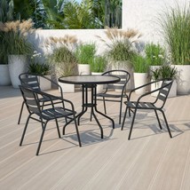 Patio Furniture Set 5-PC 31.5&#39;&#39; Round Glass Metal Table Chairs Black Slat Stack - £243.78 GBP