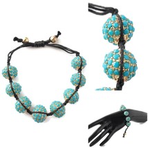 Aqua Turquoise Blue Gold Nugget Shamballa Inspired Bracelet Black Cord - £11.37 GBP