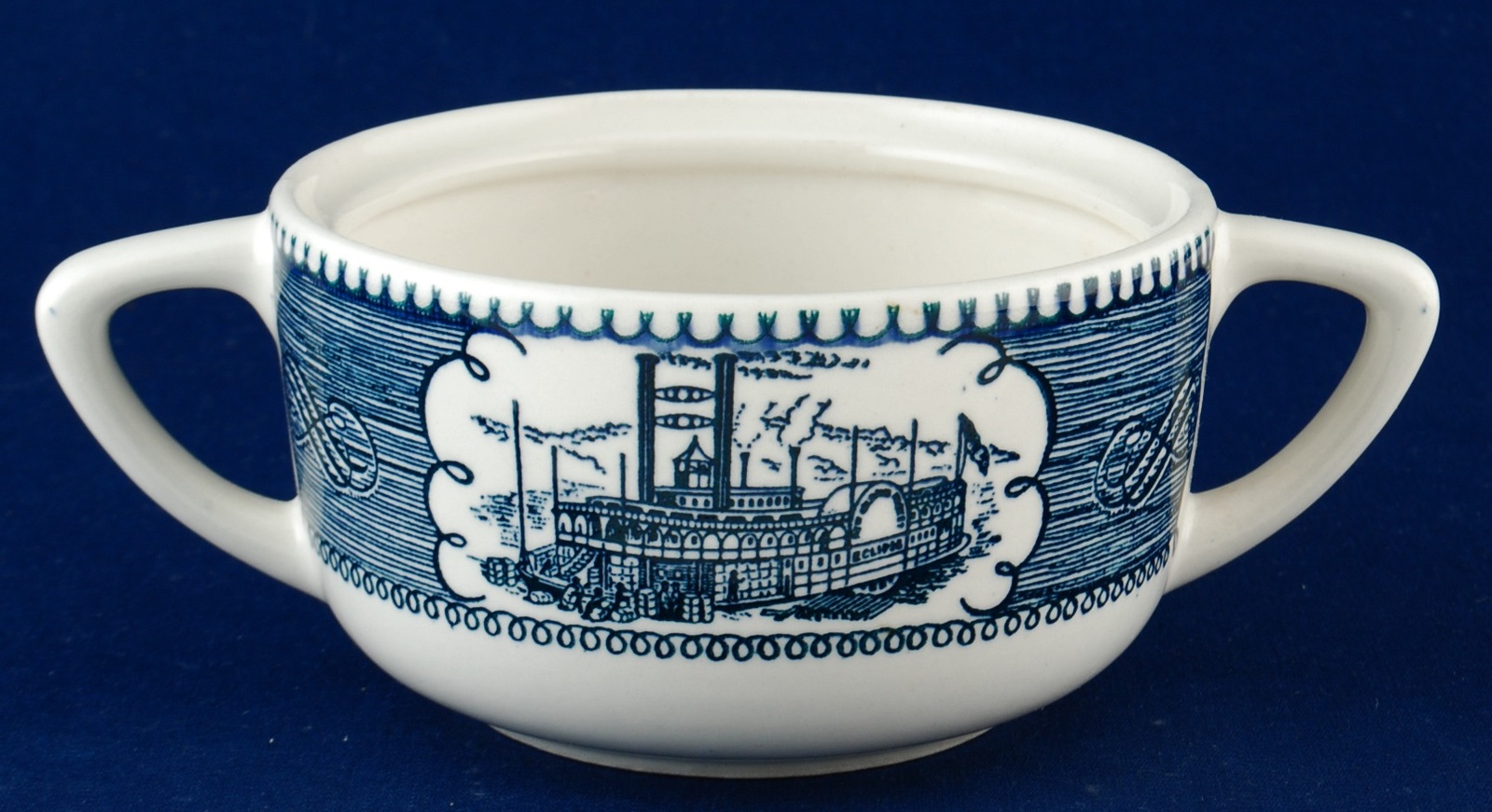 Royal China USA Currier & Ives Blue Sugar Bowl No Lid Paddle Wheel Boat Item image 4