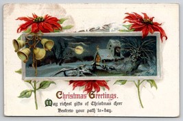 Christmas Greetings Full Moon Cottage Poinsettias Bells Postcard O23 - £3.85 GBP