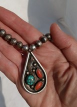 Native American Turquoise Coral Teardrop Bench Bead Sterling Silver Necklace - £180.96 GBP