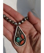 Native American Turquoise Coral Teardrop Bench Bead Sterling Silver Neck... - £176.20 GBP