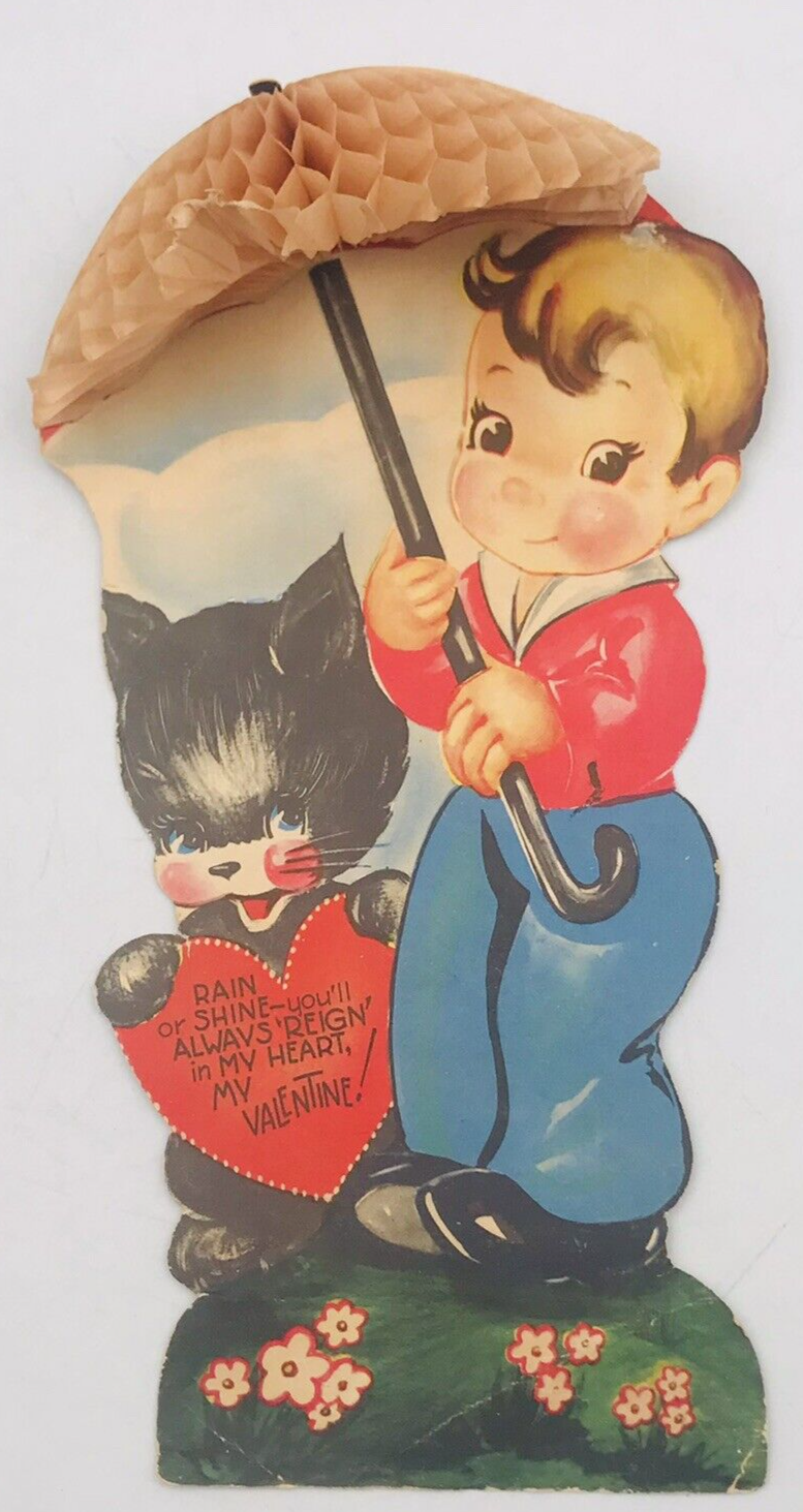 Primary image for Vintage 1947 Die Cut Child Boy w/Honeycomb Umbrella & Black Cat Valentine Card