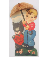 Vintage 1947 Die Cut Child Boy w/Honeycomb Umbrella &amp; Black Cat Valentin... - £11.05 GBP
