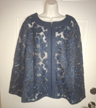 Colleen Lopez Dusty Blue Long Sleeve Embroidered Faux Leather Zip Jacket... - $37.99