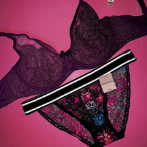 Victoria&#39;s Secret unlined 34DD BRA SET M panty FIREWORKS purple black pink kir - £55.38 GBP