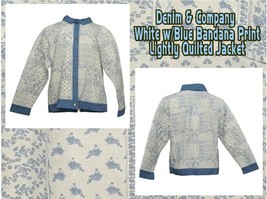 Denim &amp; Co White w/Blue Bandana Print Lightly Quilted Denim Jean Jacket XXS - £35.96 GBP
