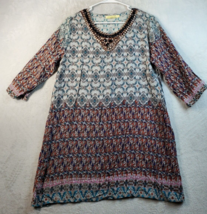 Jas Mine Shift Dress Womens Medium Multi Geo Print Long Sleeve Beaded Round Neck - $18.49