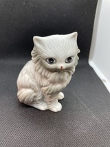 Bisque Porcelain Grey White Long Haired Cat Kitten with Blue Eyes Made i... - $9.74