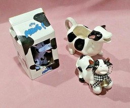 Lot of 3 Spotted Cow Figurines~The Moos! Purple &amp; Black Resin in Milk Carton + - £6.27 GBP