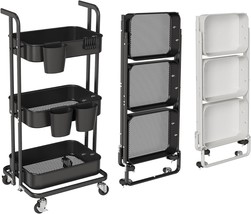 3 Tier Metal Foldable Rolling Cart, Utility Cart With Wheels, Hanging, Black - £37.75 GBP