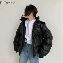 Winter New Hooded Puffer Jacket Women Korean Loose Warm Black Leather Bubble Coa - £58.10 GBP