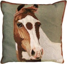 Throw Pillow Needlepoint Horse Right 20x20 Soft Sage Green Cotton Velvet Back - £241.58 GBP