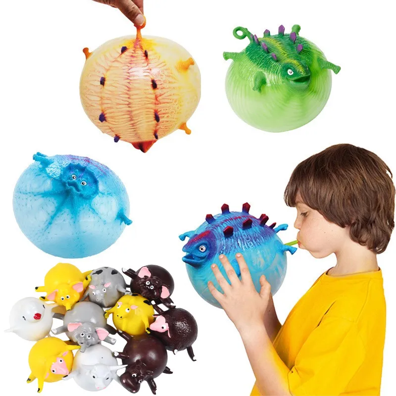 3PCS Kids Funny Dinosaur Animals Inflate Vent Balls Toy Squeeze Soft Ball - £8.91 GBP+