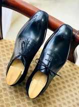 New Handmade Men&#39;s Navy Blue Cowhide Brogue Leather Lace Up Oxford Dress Shoes - £103.20 GBP