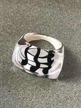 White w Squiggly Black Lines Painted Clear Plastic Chunky Rectangle Band Ring  - £8.48 GBP