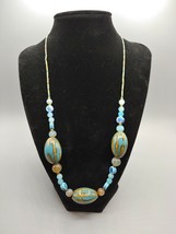 Long Ceramic And Bead Mixed Material Necklace Blue Silver Tone 11"L - $13.44
