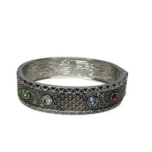 Silver Tone Filigree &amp; Rhinestone Metal Cuff Bracelet Fashion Jewelry - £8.73 GBP