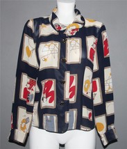 Vtg LADIES FASHION Abstract Designs in Squares Flower Buttons Navy Blouse Wm M/L - £19.97 GBP
