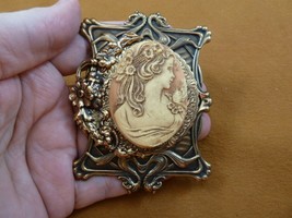 (CL15-28) Lacy LADY woman BIRD ivory + orange CAMEO brass Pin Pendant Jewelry - £32.12 GBP
