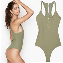 VS Victoria Sport Ribbed Sleeveless Racerback Henley Bodysuit Green Larg... - $25.00