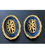 Vtg Avon 1980&#39;s Clip On Earrings Navy Blue Enamel Cut Out Oval Satin Gol... - $10.35