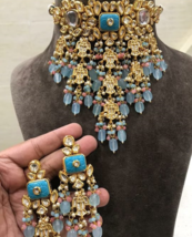 Indian Bollywood Style CZ AD Kundan Blue Choker Necklace Earrings Jewelry Set - £185.67 GBP