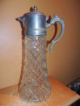 Large Pressed Glass Carafe/ Claret 14&quot; Silver Plate Art Deco Pitcher Vin... - $13.49