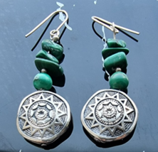 VINTAGE 925 STERLING SILVER NATURAL TURQUOISE SUN DISK DROP EARRINGS - $703.88 MXN