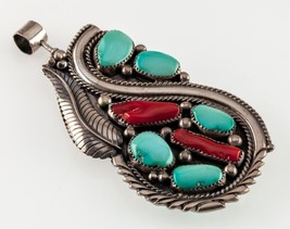 Rare! Navajo Sterling Turquoise &amp; Coral Double-sided pendant 93 mm Long - £1,403.61 GBP