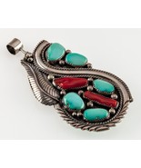 Rare! Navajo Sterling Turquoise &amp; Coral Double-sided pendant 93 mm Long - $1,782.00