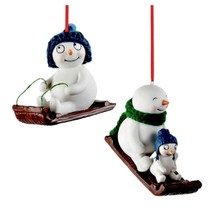 SLEDDING SNOWMAN ORNAMENTS Set of Two 2pcs Riding Sled Porcelain Christm... - $12.95