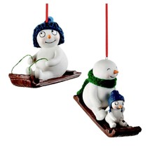 SLEDDING SNOWMAN ORNAMENTS Set of Two 2pcs Riding Sled Porcelain Christm... - £10.00 GBP