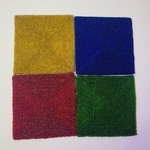 Glass Beaded Coasters 4&quot; X 4&quot; Square Lot Of 4 Green Red Gold Green - £23.27 GBP