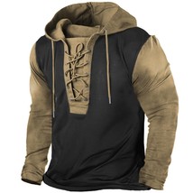 Mens Outdoor Retro Lace-up Hooded Long-sleeved T-shirt Autumn Solid Colo... - £25.60 GBP