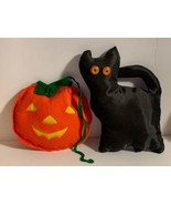 2 Halloween Decorations Black Cat and Pumpkin Homemade Stuffed Animals - £8.64 GBP